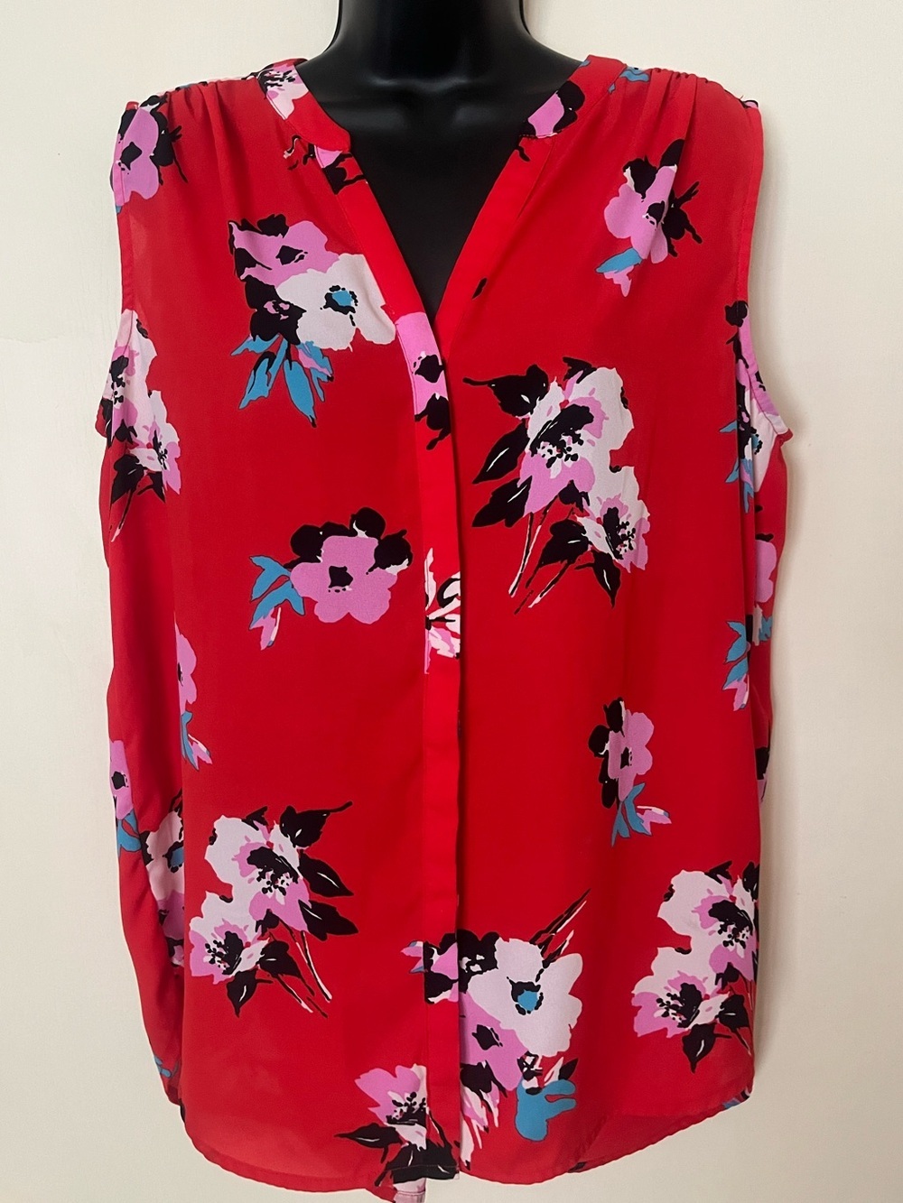 Chelsea & Theodore Red Sleeveless Floral V-Neck Blouse